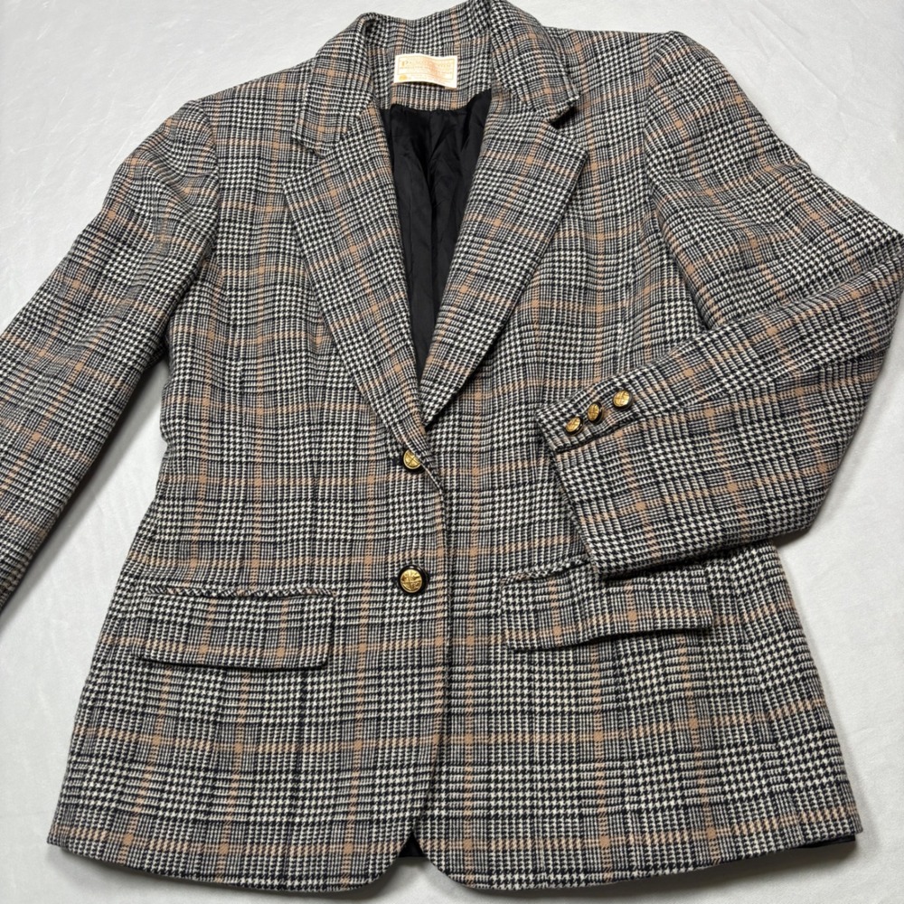 Pendleton Blazer Womens 10 Brown Glen Plaid Wool VTG Gold Crest Button Jacket